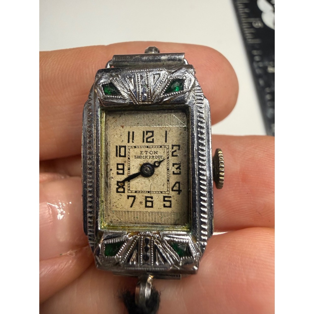Eton Shockproof Art Deco Cocktail Watch Silver Tone Green Stone Cord Strap AAS